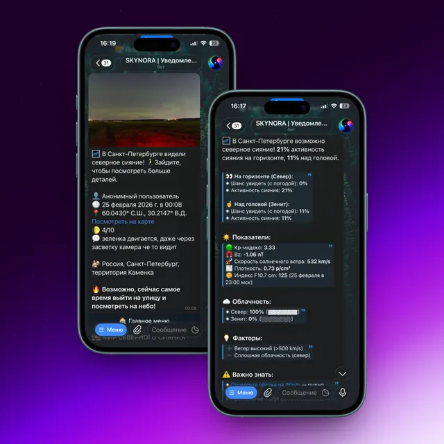 Интерфейс Telegram-бота Skynora с прогнозом сияния