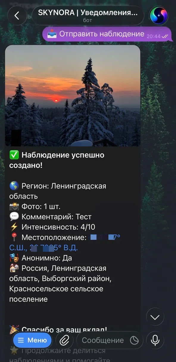 Результат после отправки